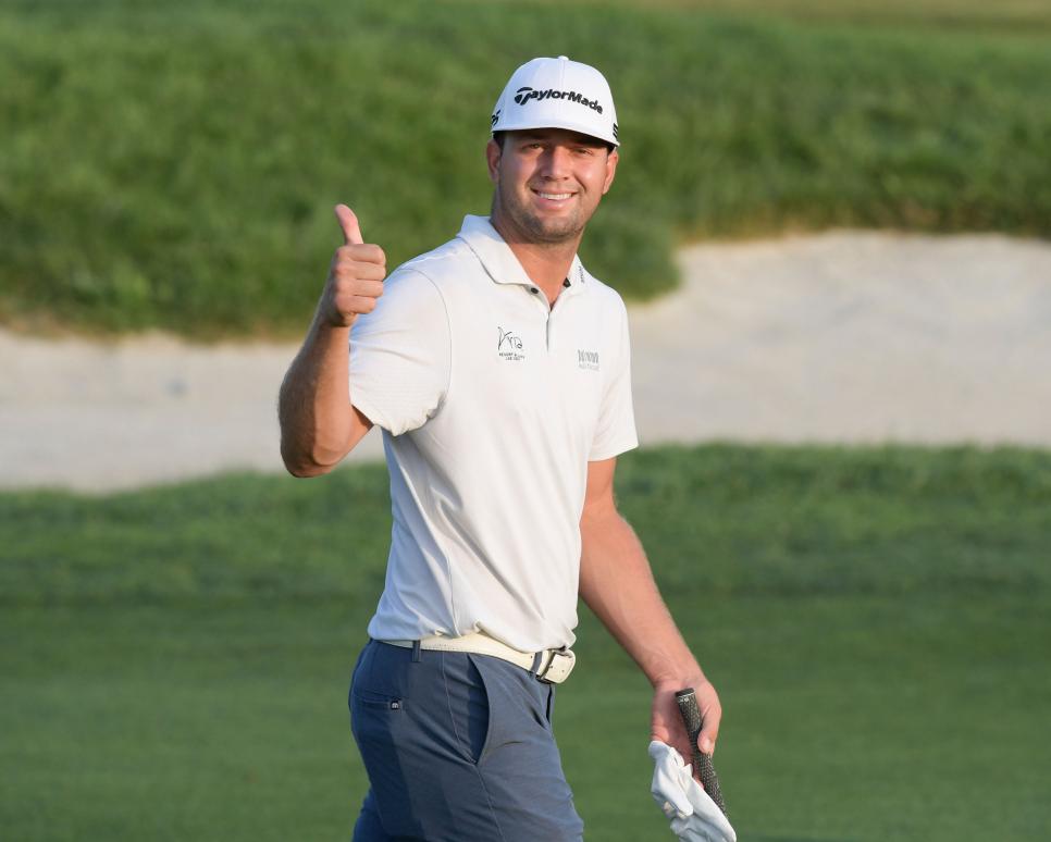 OMAHA, NE - AUGUST 11: Taylor Montgomery gives a thumbs up on the tenth hole prior to the Korn Ferry Tours Pinnacle Bank Championship presented by Aetna at The Club at Indian Creek on August 11, 2021 in Omaha, Nebraska.  (Photo by Stan Badz/PGA TOUR)