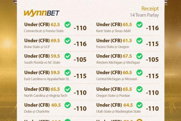 Bettor turns $10 into nearly $80,000, hitting incredible 14-leg college  football parlay with ALL UNDERS, This is the Loop