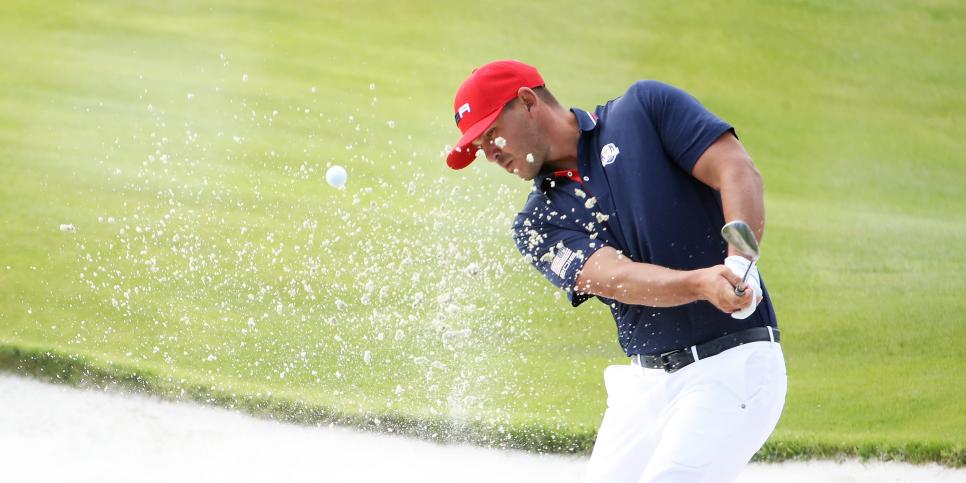 PARIS, FRANCE - SEPTEMBER 30:  Brooks Koepka of the United States plays out of a bnker on the 18th during singles matches of the 2018 Ryder Cup at Le Golf National on September 30, 2018 in Paris, France.  (Photo by Christian Petersen/Getty Images)