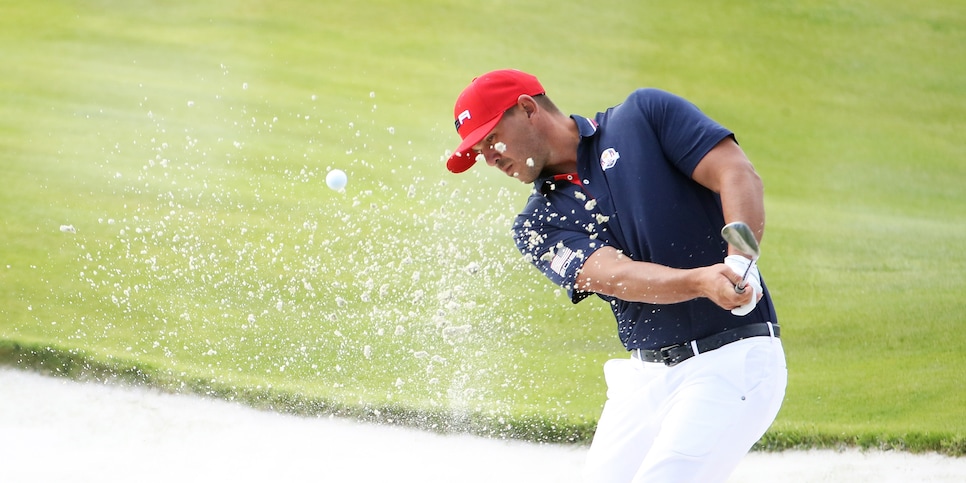 PARIS, FRANCE - SEPTEMBER 30:  Brooks Koepka of the United States plays out of a bnker on the 18th during singles matches of the 2018 Ryder Cup at Le Golf National on September 30, 2018 in Paris, France.  (Photo by Christian Petersen/Getty Images)