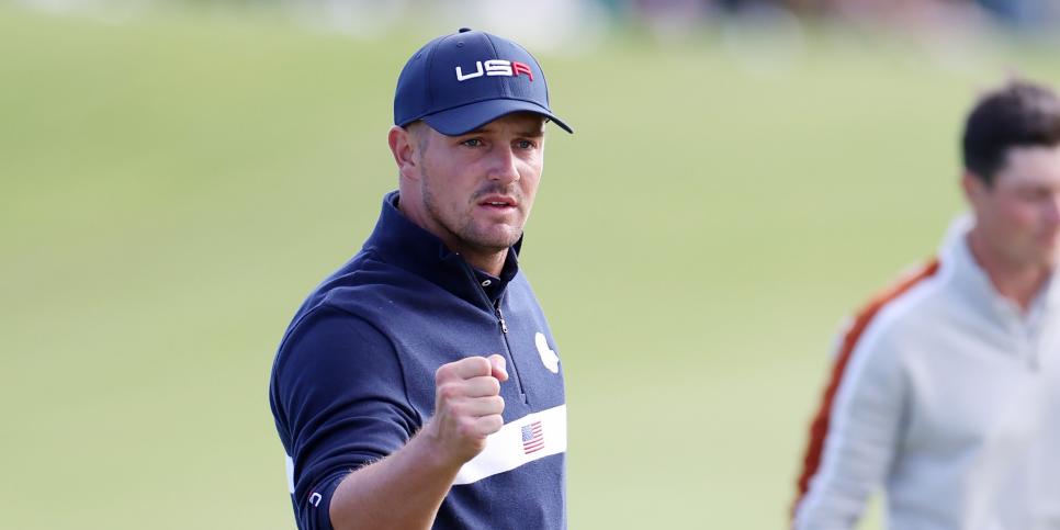 KOHLER, WISCONSIN - SEPTEMBER 25: Bryson DeChambeau of team United States celebrates during Saturday Afternoon Fourball Matches of the 43rd Ryder Cup at Whistling Straits on September 25, 2021 in Kohler, Wisconsin. (Photo by Richard Heathcote/Getty Images)