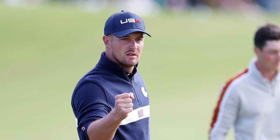 KOHLER, WISCONSIN - SEPTEMBER 25: Bryson DeChambeau of team United States celebrates during Saturday Afternoon Fourball Matches of the 43rd Ryder Cup at Whistling Straits on September 25, 2021 in Kohler, Wisconsin. (Photo by Richard Heathcote/Getty Images)