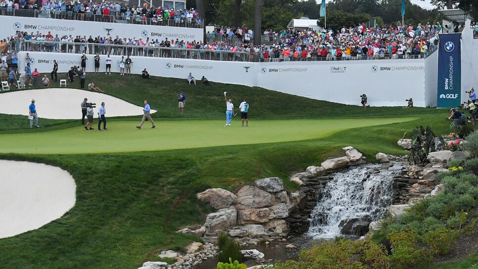 OWINGS MILLS, MD - AUGUST 29: Patrick Cantlay waves his hat to fans on the 18th green after winning in the sixth playoff hole during the final round of the BMW Championship at Caves Valley Golf Club on August 29, 2021 in Owings Mills, Maryland. (Photo by Ben Jared/PGA TOUR via Getty Images)