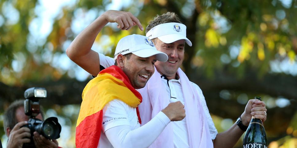 MEDINAH, IL - SEPTEMBER 30:  Sergio Garcia and Ian Poulter of Europe celebrate after helping their team defeat the United States for The 39th Ryder Cup at Medinah Country Club on September 30, 2012 in Medinah, Illinois.  (Photo by Andy Lyons/Getty Images)