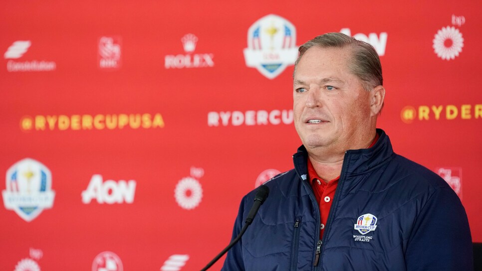 KOHLER, WISCONSIN - SEPTEMBER 08: PGA of America President, Jim Richerson speaks during the 43rd Ryder Cup Captain's Picks Press Conference at Whistling Straits on September 08, 2021 in Kohler, Wisconsin. U.S. Ryder Cup captain Steve Stricker announced Tony Finau, Xander Schauffele, Jordan Spieth, Harris English, Daniel Berger and Scottie Scheffler as his captain's picks.  (Photo by Patrick McDermott/Getty Images)