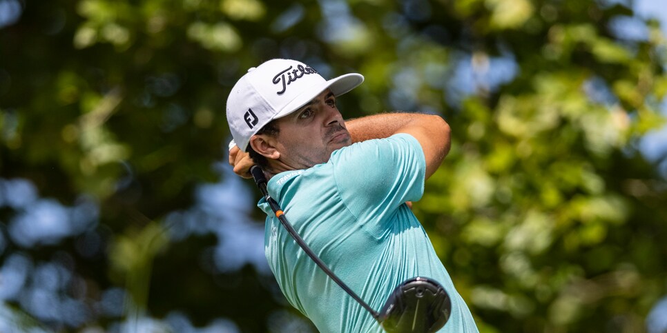 NEWBURGH, IN - SEPTEMBER 05: Joseph Bramlett plays his shot from the 9th tee during the final round of the Korn Ferry Tour Championship presented by United Leasing and Financing at Victoria National Golf Club on September 5, 2021 in Newburgh, Indiana. (Photo by James Gilbert/PGA TOUR via Getty Images)