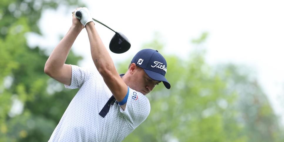 DUBLIN, OHIO - JUNE 03: Justin Thomas of the United States plays his shot from the third tee during the first round of The Memorial Tournament at Muirfield Village Golf Club on June 03, 2021 in Dublin, Ohio. (Photo by Andy Lyons/Getty Images)