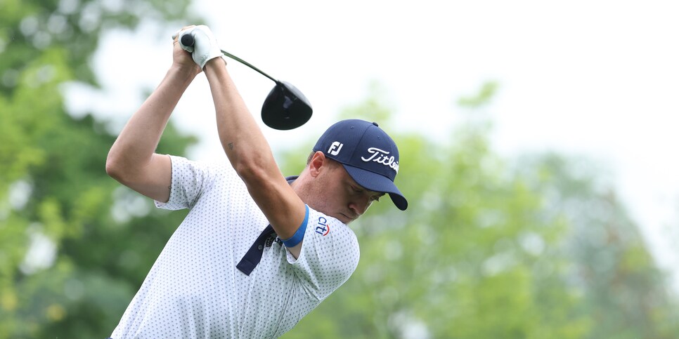 DUBLIN, OHIO - JUNE 03: Justin Thomas of the United States plays his shot from the third tee during the first round of The Memorial Tournament at Muirfield Village Golf Club on June 03, 2021 in Dublin, Ohio. (Photo by Andy Lyons/Getty Images)