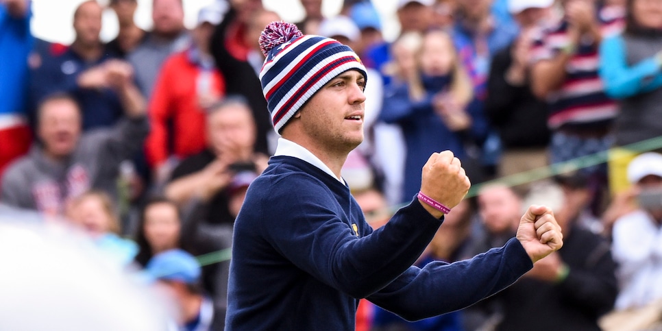 JERSEY CITY, NJ - SEPTEMBER 30:  Justin Thomas of the U.S. Team celebrates after Daniel Berger made a birdie putt on the 11th hole green during Saturday afternoon Four-Ball matches in the third round of the Presidents Cup at Liberty National Golf Club on September 30, 2017, in Jersey City, New Jersey. (Photo by Keyur Khamar/PGA TOUR)