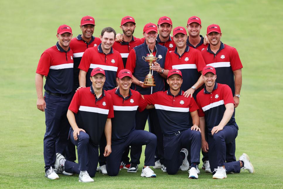 KOHLER, WISCONSIN - SEPTEMBER 26: Team United States celebrates with the Ryder Cup after defeating Team Europe 19 to 9 during the 43rd Ryder Cup at Whistling Straits on September 26, 2021 in Kohler, Wisconsin. (Photo by Richard Heathcote/Getty Images)
