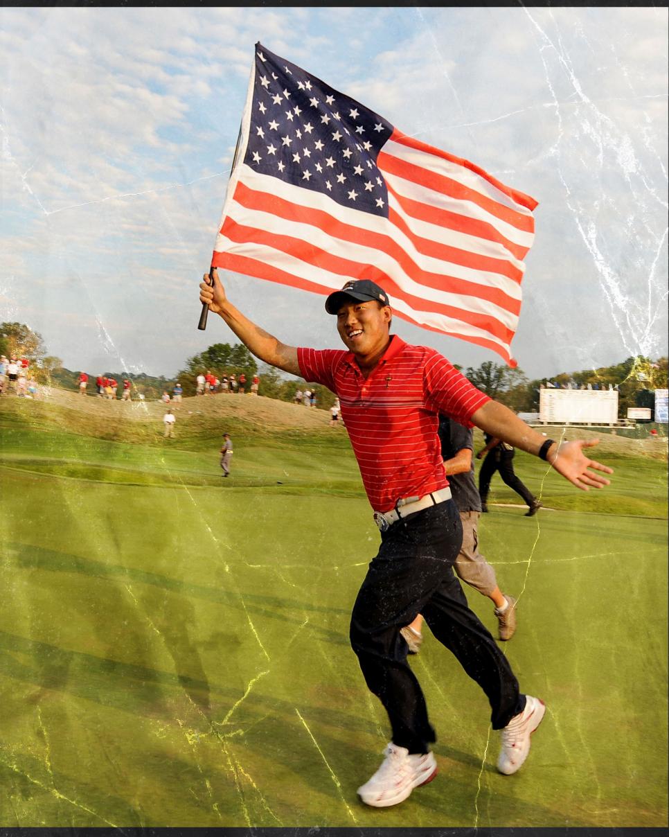 LOUISVILLE, KY - SEPTEMBER 21:  Anthony Kim of the USA celebrates with an American flag after the USA 16 1/2 - 11 1/2 victory on the final day of the 2008 Ryder Cup at Valhalla Golf Club on September 21, 2008 in Louisville, Kentucky.  (Photo by Harry How/Getty Images)