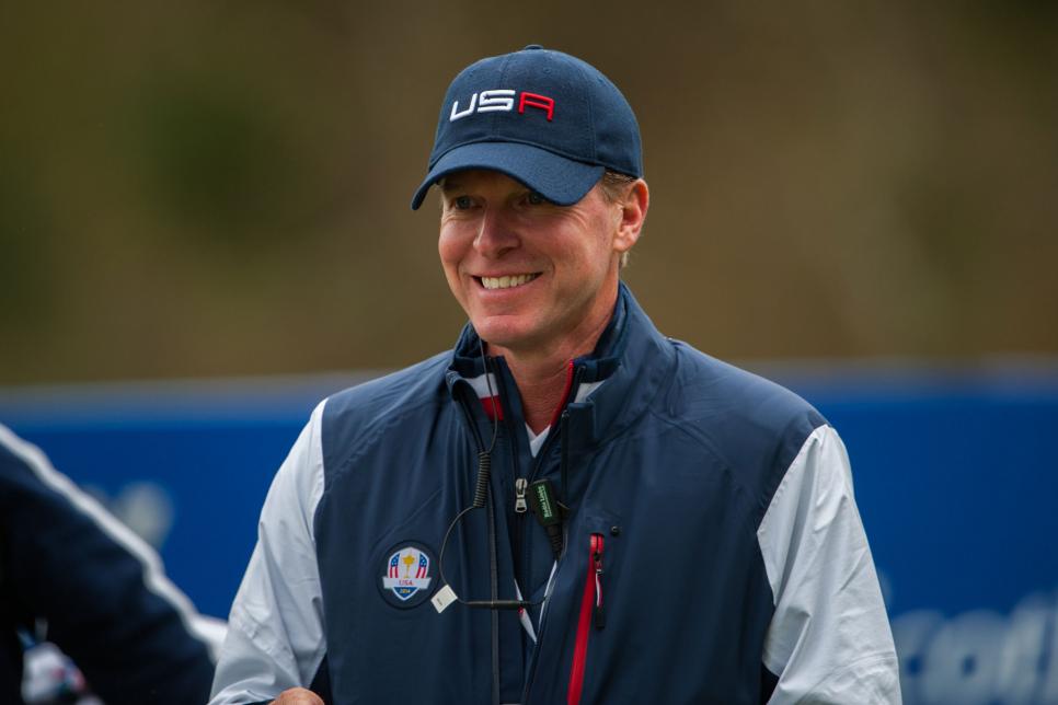 AUCHTERARDER, SCOTLAND - SEPTEMBER 23: 2014 Ryder Cup USA Team Vice Captain Steve Stricker smiles and watches play during a practice round for the 40th Ryder Cup at Gleneagles, on September 23, 2014 in Auchterarder, Scotland. (Photo by Montana Pritchard/The PGA of America)