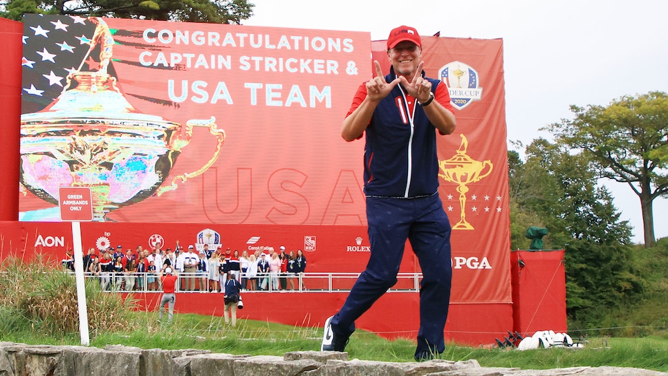 KOHLER, WISCONSIN - SEPTEMBER 26: Captain Steve Stricker of team United States celebrates their 19 to 9 win over Team Europe in the 43rd Ryder Cup at Whistling Straits on September 26, 2021 in Kohler, Wisconsin. (Photo by Mike Ehrmann/Getty Images)