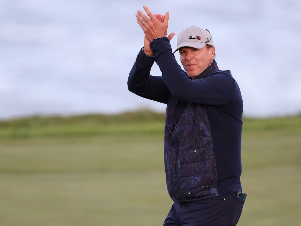 KOHLER, WISCONSIN - SEPTEMBER 24: Captain Steve Stricker of team United States reacts on the 17th hole after Dustin Johnson of team United States and Xander Schauffele of team United States defeated Paul Casey of England and team Europe and Bernd Wiesberger of Austria and team Europe 2&1 during Friday Afternoon Fourball Matches of the 43rd Ryder Cup at Whistling Straits on September 24, 2021 in Kohler, Wisconsin. (Photo by Richard Heathcote/Getty Images)