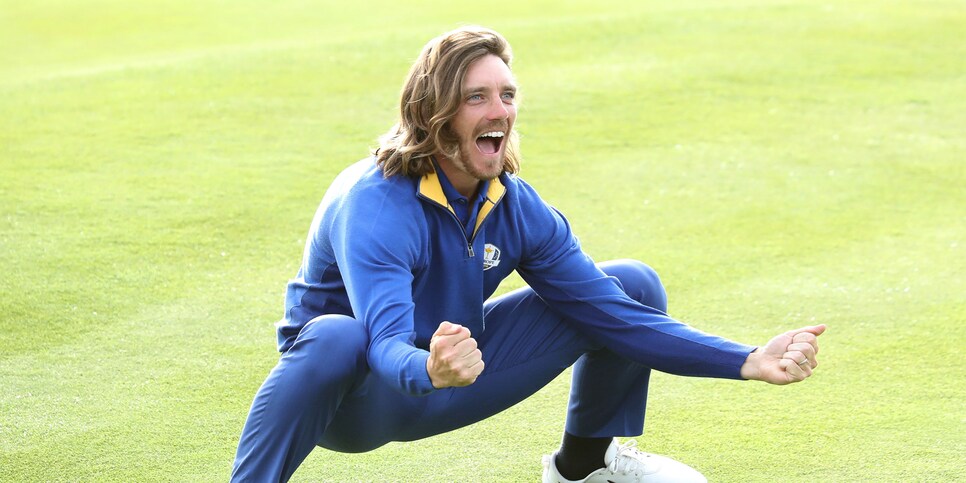 PARIS, FRANCE - SEPTEMBER 30:  Tommy Fleetwood of England and the European Team celebrates on the 18th green after Europe's 17.5-10.5 win over the United States during the singles matches of the 2018 Ryder Cup at Le Golf National on September 30, 2018 in Paris, France.  (Photo by David Cannon/Getty Images)