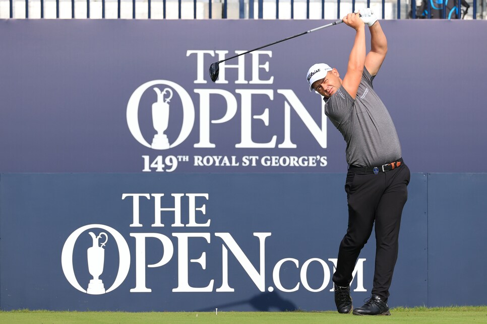 SANDWICH, ENGLAND - JULY 13: Daniel van Tonder of South Africa  tees off during a practice round for The 149th Open at Royal St Georgeâ  s Golf Club on July 13, 2021 in Sandwich, England. (Photo by David Cannon/R&A/R&A via Getty Images)