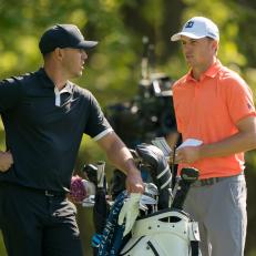 FARMINGDALE, NY - MAY 18: Brooks Koepka and Jordan Spieth speak on the eighth hole during the third round of the 101st PGA Championship held at Bethpage Black Golf Course on May 18, 2019 in Farmingdale, New York. (Photo by Darren Carroll/PGA of America via Getty images)