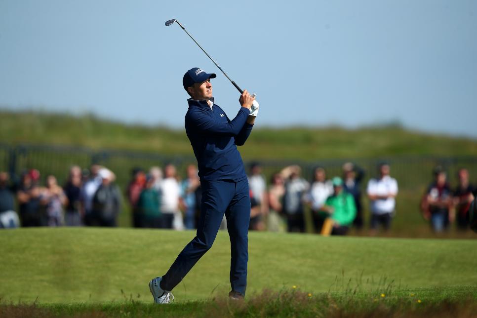 SANDWICH, ENGLAND - JULY 15: Jordan Spieth of the United States plays a shot on the first hole during Day One of The 149th Open at Royal St Georgeâ  s Golf Club on July 15, 2021 in Sandwich, England. (Photo by Christopher Lee/Getty Images)
