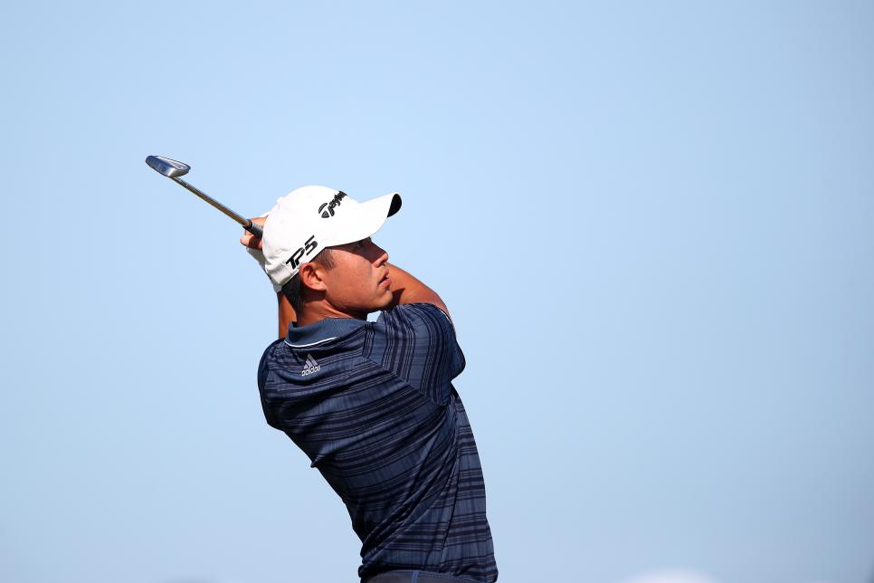 SANDWICH, ENGLAND - JULY 17: Collin Morikawa of the United States plays his shot from the sixth tee during Day Three of The 149th Open at Royal St Georgeâ  s Golf Club on July 17, 2021 in Sandwich, England. (Photo by Christopher Lee/Getty Images)