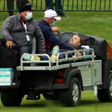 KOHLER, WISCONSIN - SEPTEMBER 23: Tom Felton is carted off the course after collapsing during the celebrity matches ahead of the 43rd Ryder Cup at Whistling Straits on September 23, 2021 in Kohler, Wisconsin. (Photo by Andrew Redington/Getty Images)
