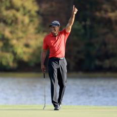 ORLANDO, FLORIDA - DECEMBER 19: Tiger Woods reacts to a shot on the 17th hole during the final round of the PNC Championship at the Ritz Carlton Golf Club Grande Lakes   on December 19, 2021 in Orlando, Florida. (Photo by Sam Greenwood/Getty Images)