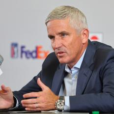 CROMWELL, CONNECTICUT - JUNE 22: PGA Tour Commissioner Jay Monahan addresses the media during a press conference prior to the Travelers Championship at TPC River Highlands on June 22, 2022 in Cromwell, Connecticut. (Photo by Michael Reaves/Getty Images)