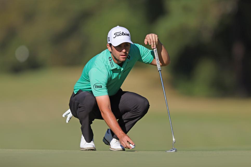 JACKSON, MISSISSIPPI - SEPTEMBER 30: Davis Riley of the United States lines up a putt on the 14th green during the second round of the Sanderson Farms Championship at The Country Club of Jackson on September 30, 2022 in Jackson, Mississippi. (Photo by Jonathan Bachman/Getty Images)