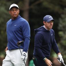 AUGUSTA, GEORGIA - APRIL 03: Tiger Woods of the United States and Rory McIlroy of Northern Ireland look on from the 11th tee during a practice round prior to the 2023 Masters Tournament at Augusta National Golf Club on April 03, 2023 in Augusta, Georgia. (Photo by Christian Petersen/Getty Images)
