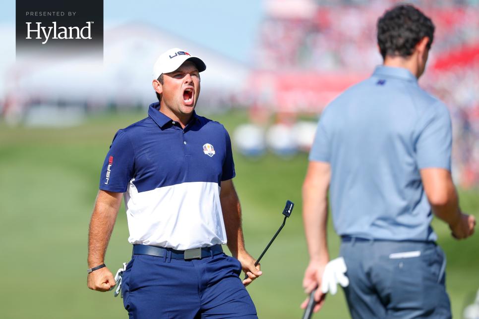 USA golfer, Patrick Reed reacts after making a long par put to half the hole with european, Rory McIlroy, Sunday morning in a match. ] JERRY HOLT  jerry. Holt@Startribune.com    The Ryder Cup match play Sunday October 2, 2016 at Hazeltine National Golf Club in Chaska, Minn.  (Photo By Jerry Holt/Star Tribune via Getty Images)