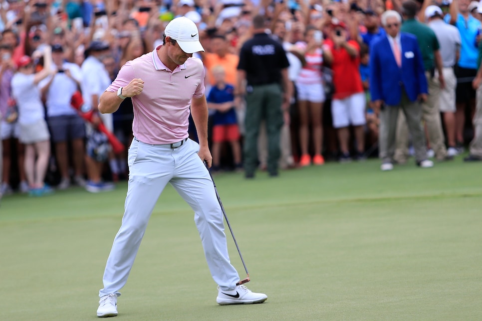 ATLANTA, GA - AUGUST 25: Rory McIlroy of Northern Ireland pumps his fist as the ball goes in the 18th hole for him to win the TOUR Championship on August 25, 2019 at the Eastlake Golf Club in Atlanta, GA.  (Photo by David John Griffin/Icon Sportswire via Getty Images)