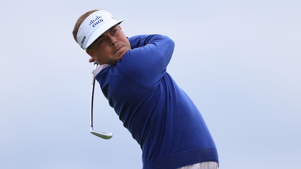 February 3, 2023; Pebble Beach, California, USA; Keith Mitchell hits his tee shot on the 12th hole during the second round of the AT&T Pebble Beach Pro-Am golf tournament at Monterey Peninsula Country Club - Shore Course. Mandatory Credit: Kyle Terada-USA TODAY Sports