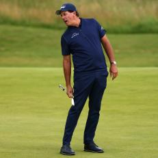 SANDWICH, ENGLAND - JULY 15: Phil Mickelson of the United States reacts after a missed putt on the 16th green during Day One of The 149th Open at Royal St George’s Golf Club on July 15, 2021 in Sandwich, England. (Photo by Charlie Crowhurst/R&A/R&A via Getty Images)