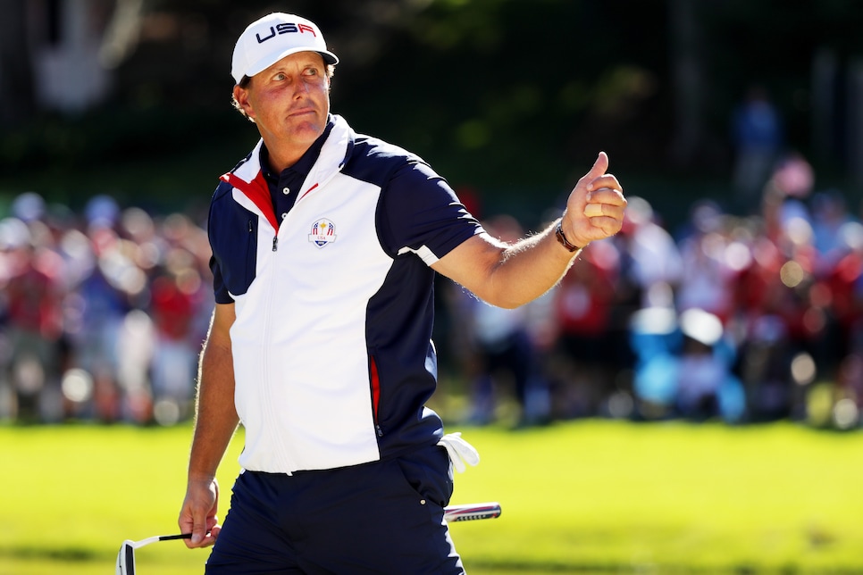 during singles matches of the 2016 Ryder Cup at Hazeltine National Golf Club on October 2, 2016 in Chaska, Minnesota.