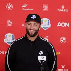 KOHLER, WISCONSIN - SEPTEMBER 23: Jon Rahm of Spain and team Europe speaks to the media during practice rounds prior to the 43rd Ryder Cup at Whistling Straits on September 23, 2021 in Kohler, Wisconsin. (Photo by Warren Little/Getty Images)