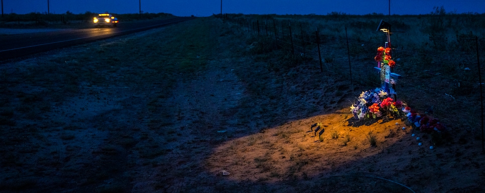 Crash site and makeshift memorials to crash victims, State Highway 1788, Andrews County, Texas, July 7 2022. Photograph © 2022 Darren Carroll