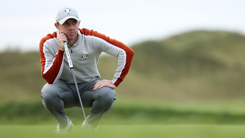 KOHLER, WISCONSIN - SEPTEMBER 25: Rory McIlroy of Northern Ireland and team Europe lines up a putt during Saturday Afternoon Fourball Matches of the 43rd Ryder Cup at Whistling Straits on September 25, 2021 in Kohler, Wisconsin. (Photo by Patrick Smith/Getty Images)