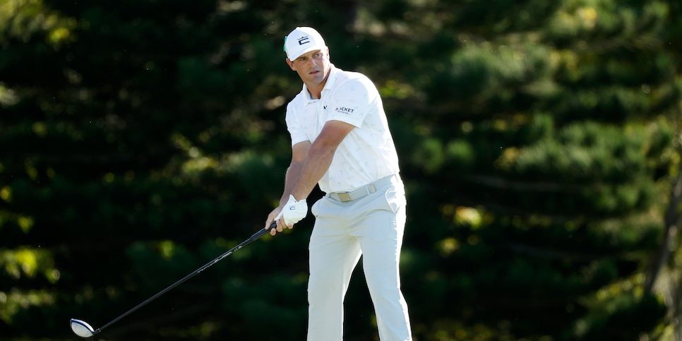 LAHAINA, HAWAII - JANUARY 08: Bryson DeChambeau of the United States plays his shot from the 18th tee during the third round of the Sentry Tournament of Champions at the Plantation Course at Kapalua Golf Club on January 08, 2022 in Lahaina, Hawaii. (Photo by Cliff Hawkins/Getty Images)