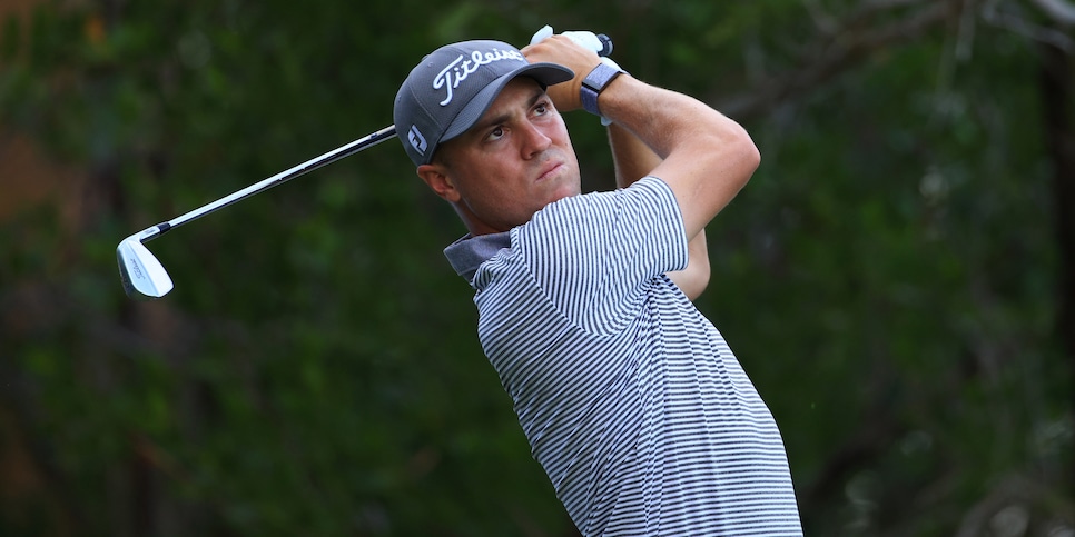 PLAYA DEL CARMEN, MEXICO - NOVEMBER 04: Justin Thomas of the United States plays his shot from the 15th tee during the first round of the World Wide Technology Championship at Mayakoba on the El Camaleon course on November 04, 2021 in Playa del Carmen, Mexico. (Photo by Mike Ehrmann/Getty Images)