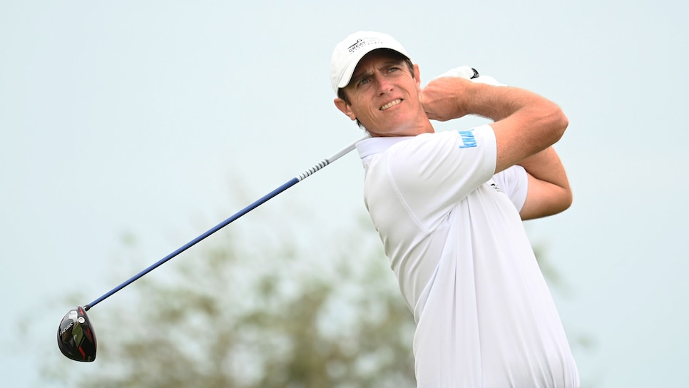 ABU DHABI, UNITED ARAB EMIRATES - JANUARY 20: Nicolas Colsaerts of Belgium tees off on the seventh hole during the First Round of the Abu Dhabi HSBC Championship at Yas Links Golf Course on January 20, 2022 in Abu Dhabi, United Arab Emirates. (Photo by Ross Kinnaird/Getty Images)