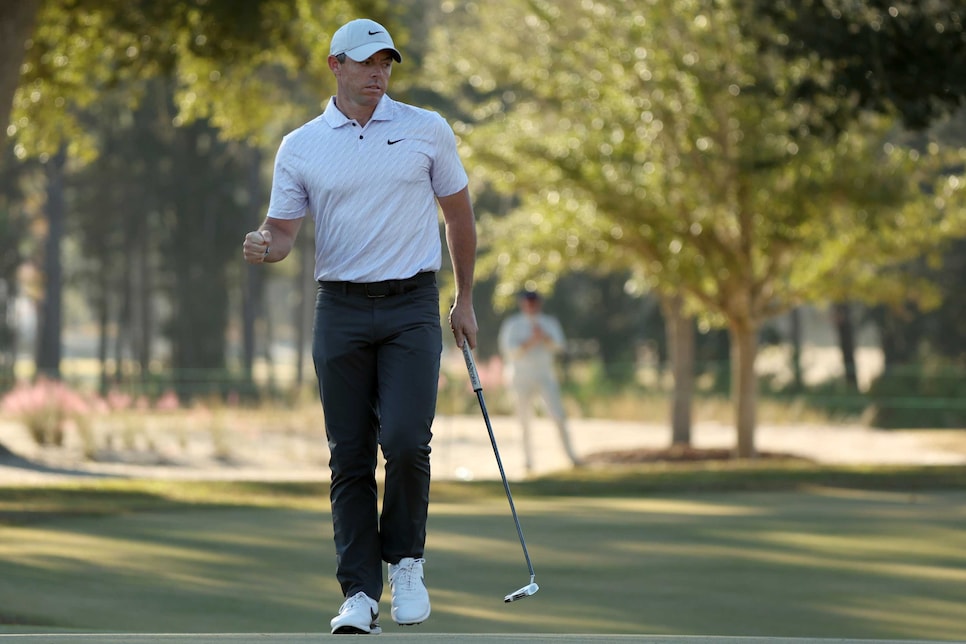 RIDGELAND, SOUTH CAROLINA - OCTOBER 23: Rory McIlroy of Northern Ireland reacts to his birdie putt on the 16th green during the final round of the CJ Cup at Congaree Golf Club on October 23, 2022 in Ridgeland, South Carolina. (Photo by Gregory Shamus/Getty Images)