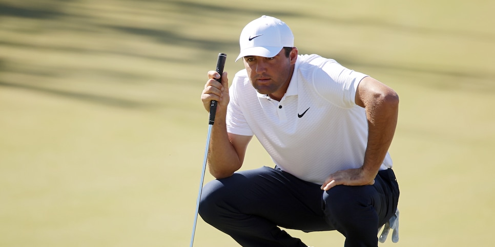 RIDGELAND, SOUTH CAROLINA - OCTOBER 21: Scottie Scheffler of the United States looks over a putt on the sixth hole during the second round of the CJ Cup at Congaree Golf Club on October 21, 2022 in Ridgeland, South Carolina. (Photo by Mike Mulholland/Getty Images for The CJ Cup)