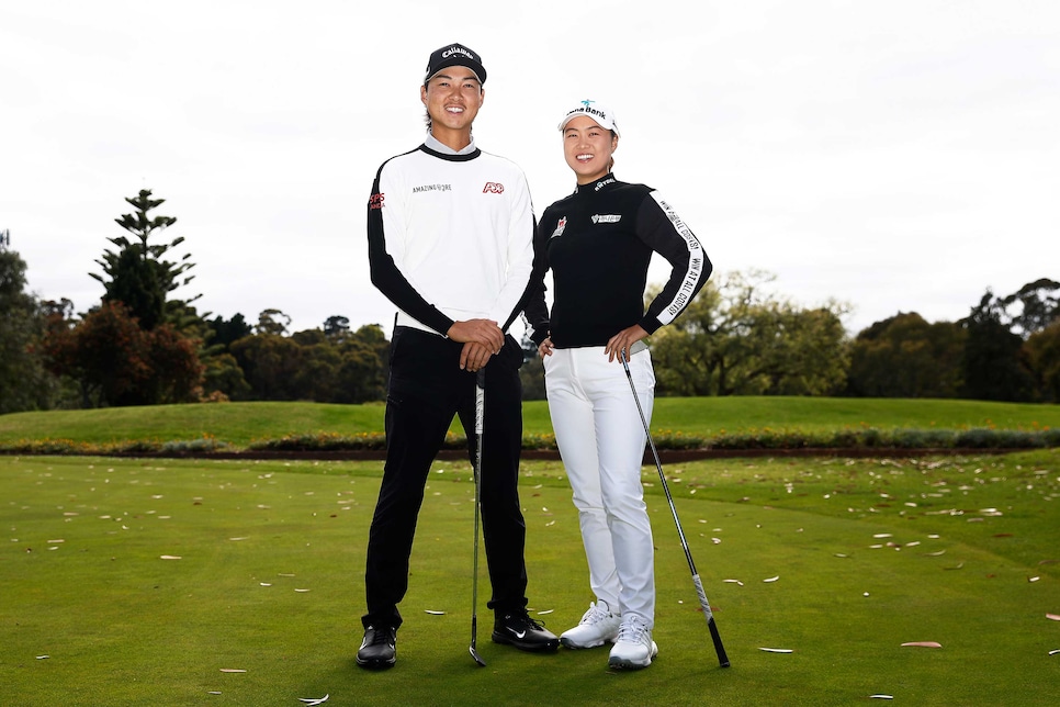 MELBOURNE, AUSTRALIA - NOVEMBER 30: Minjee Lee of Australia and Min Woo Lee of Australia pose for a photograph ahead of the 2022 ISPS HANDA Australian Open at Victoria Golf Club on November 30, 2022 in Melbourne, Australia. (Photo by Daniel Pockett/Getty Images)