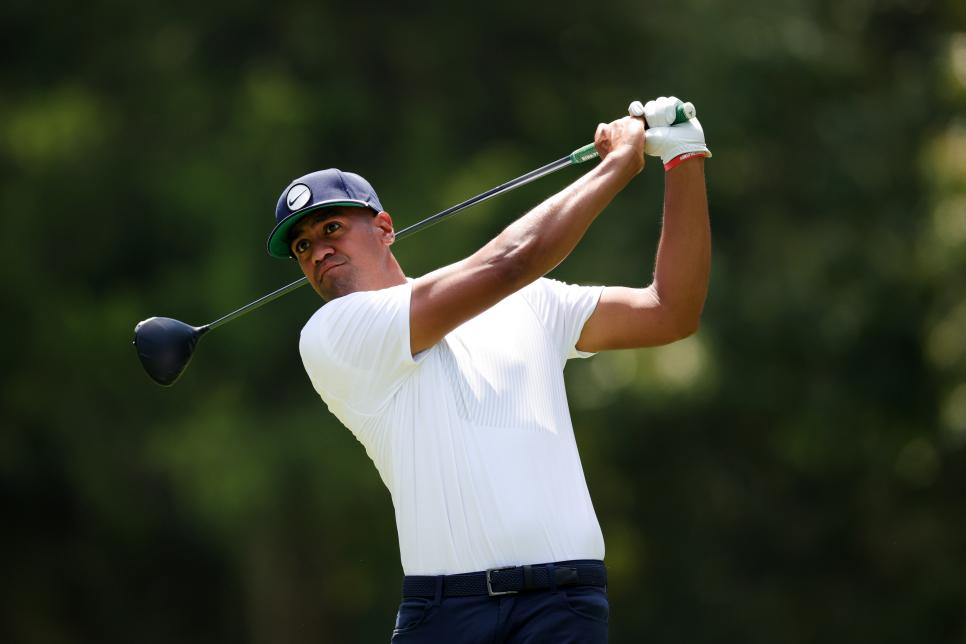 MEMPHIS, TENNESSEE - AUGUST 12: Tony Finau of the United States plays his shot from the seventh tee during the second round of the FedEx St. Jude Championship at TPC Southwind on August 12, 2022 in Memphis, Tennessee. (Photo by Stacy Revere/Getty Images)