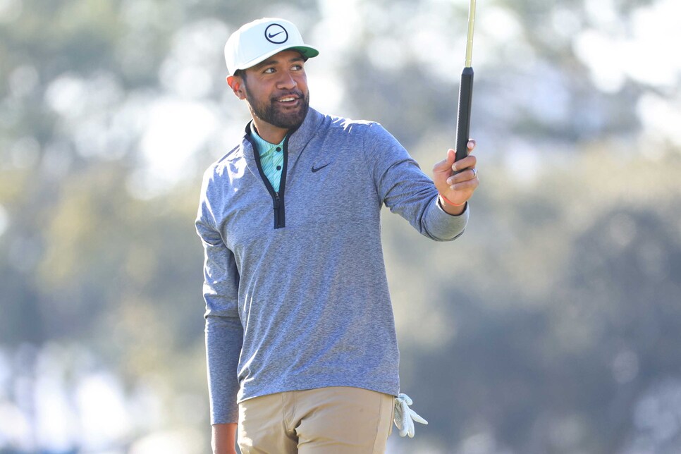 HOUSTON, TEXAS - NOVEMBER 13: Tony Finau of the United States reacts to his winning putt on the 18th green during the final round of the Cadence Bank Houston Open at Memorial Park Golf Course on November 13, 2022 in Houston, Texas. (Photo by Carmen Mandato/Getty Images)