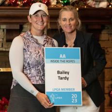 DOTHAN, AL - DECEMBER 11: Bailey Tardy of the United States and LPGA Tour Commissioner Mollie Marcoux Samaan pose with her tour card after the final round of the 2022 LPGA Q-Series - Dothan at Highland Oaks Golf Course on December 11, 2022 in Dothan, Alabama. (Photo by Hannah Ruhoff/Getty Images)