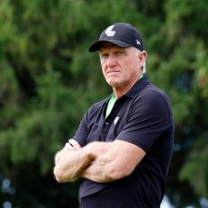 SUGAR GROVE, IL - SEPTEMBER 18: LIV CEO and commissioner Greg Norman watches play on the third hole during the final round of the LIV Golf Invitational Series Chicago at Rich Harvest Farms in Sugar Grove, Illinois.  (Photo by Brian Spurlock/Icon Sportswire via Getty Images)