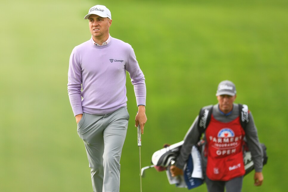 SAN DIEGO, CA - JANUARY 29: Justin Thomas with caddie Jim Bones Mackay during the final round of the Farmers Insurance Open golf tournament at Torrey Pines Municipal Golf Course on January 29, 2021. (Photo by Brian Rothmuller/Icon Sportswire via Getty Images)