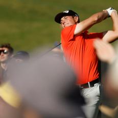 PACIFIC PALISADES, CALIFORNIA - FEBRUARY 19: Viktor Hovland of Norway plays his shot from the 15th tee during the third round of The Genesis Invitational at Riviera Country Club on February 19, 2022 in Pacific Palisades, California. (Photo by Cliff Hawkins/Getty Images)