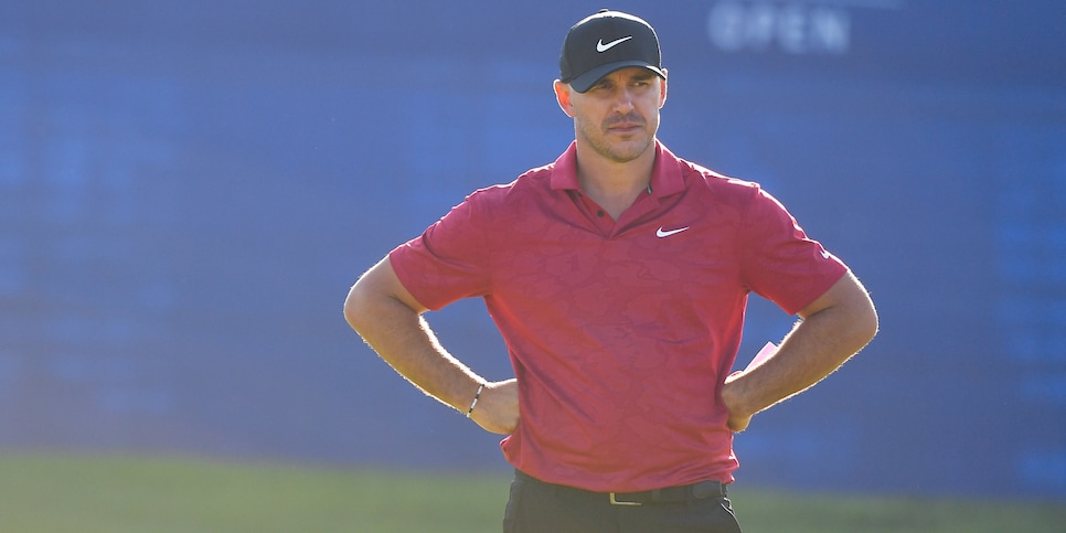 SAN DIEGO, CA - JANUARY 27: Brooks Koepka stands on the 18th green south during the second round of the Farmers Insurance Open at Torrey Pines South on January 27, 2022 in San Diego, California. (Photo by Ben Jared/PGA TOUR via Getty Images)