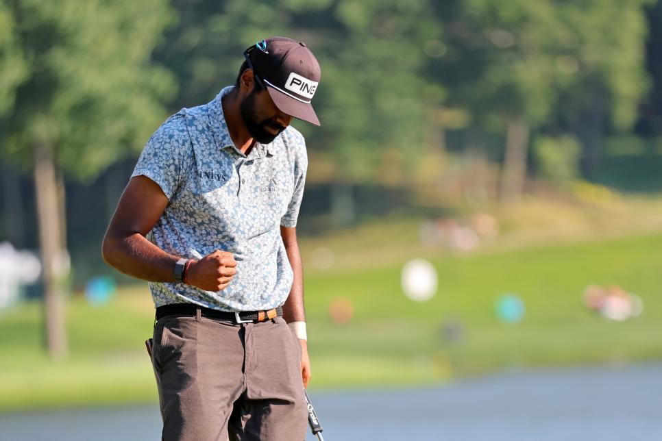CROMWELL, CONNECTICUT - JUNE 26: Sahith Theegala of the United States reacts to a birdie putt on the 17th green during the final round of Travelers Championship at TPC River Highlands on June 26, 2022 in Cromwell, Connecticut. (Photo by Michael Reaves/Getty Images)